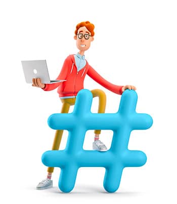 _DEV_Larry_hashtag-2 Nerd avec ordinateur portable dans la main et le pied sur un hashtag
